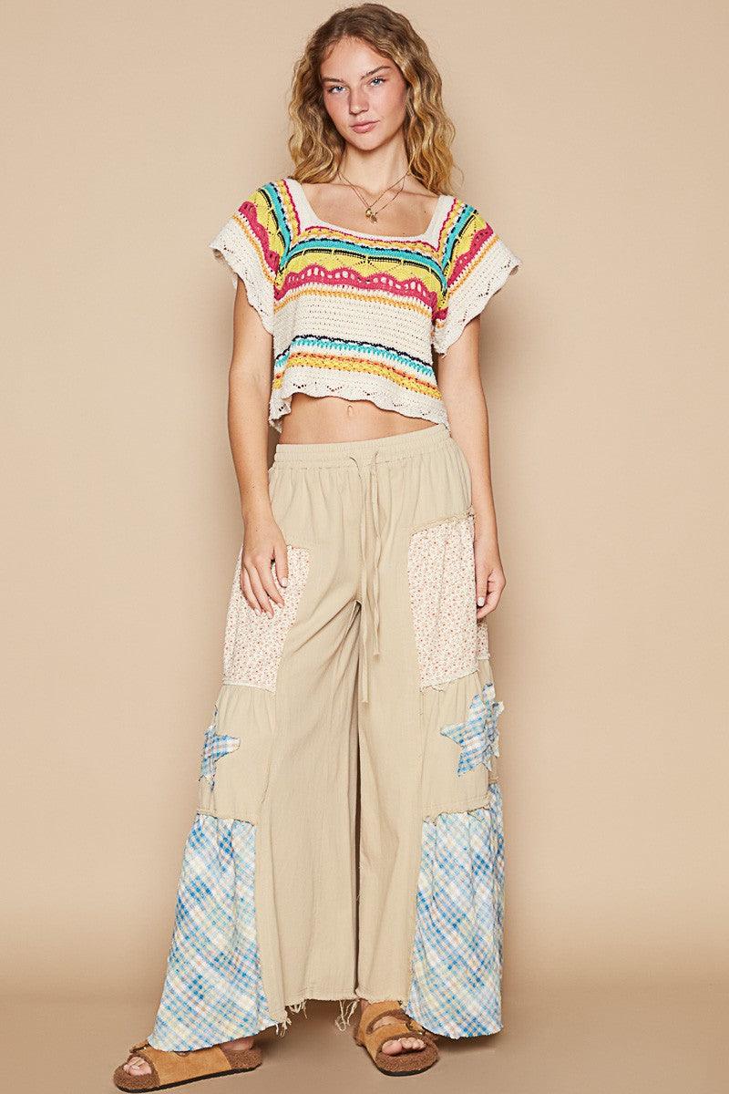 POL Openwork Ethnic Pattern Square Neck Cropped Knit Top