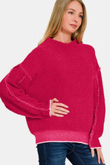 Zenana Exposed Seam Mock Neck Long Sleeve Sweater