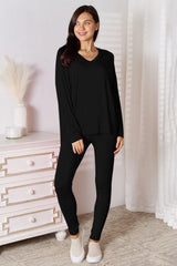 Basic Bae Bamboo Full Size V - Neck Long Sleeve Top and Pants Lounge Set - Admiresty