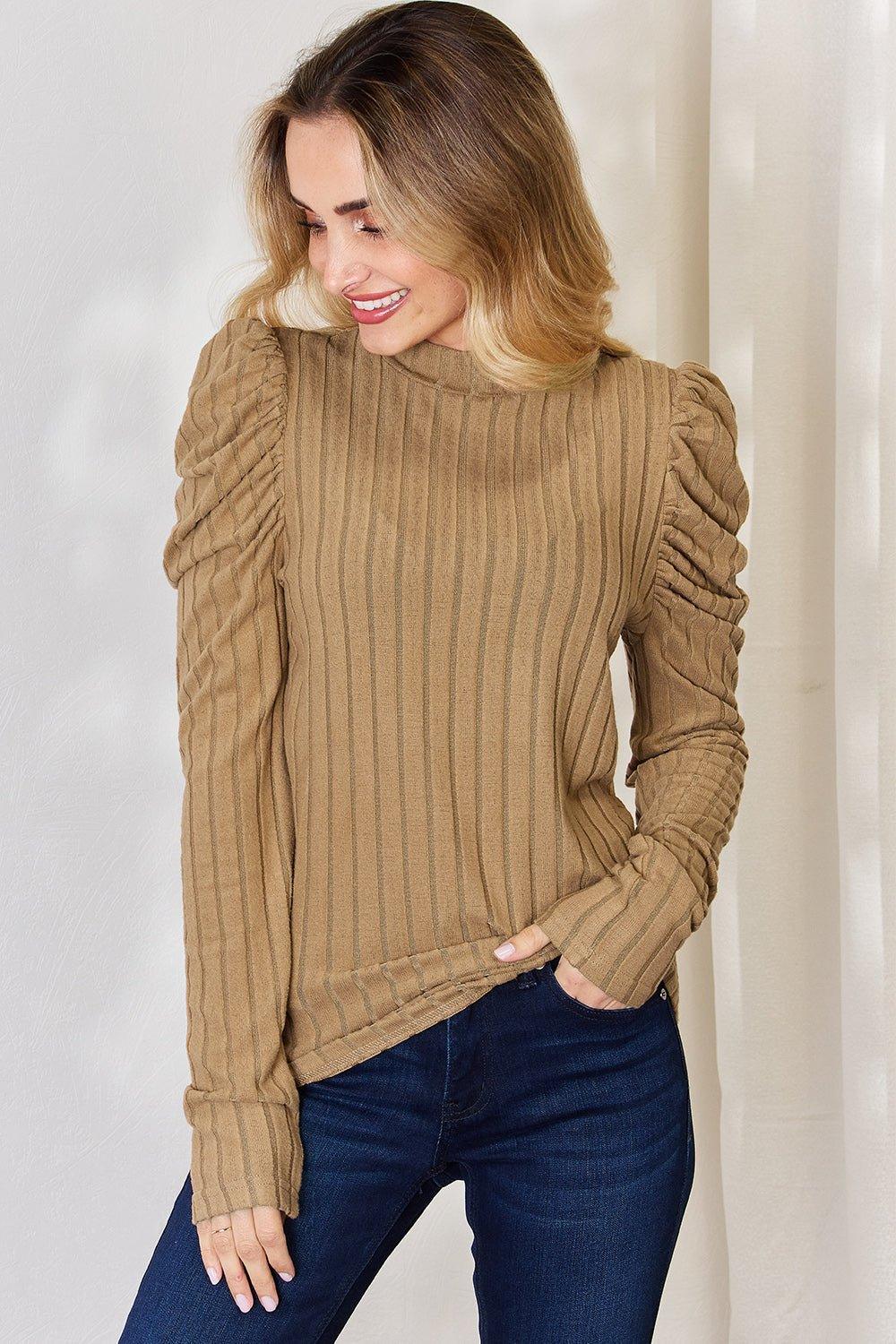 Basic Bae Full Size Ribbed Mock Neck Puff Sleeve T - Shirt - Admiresty