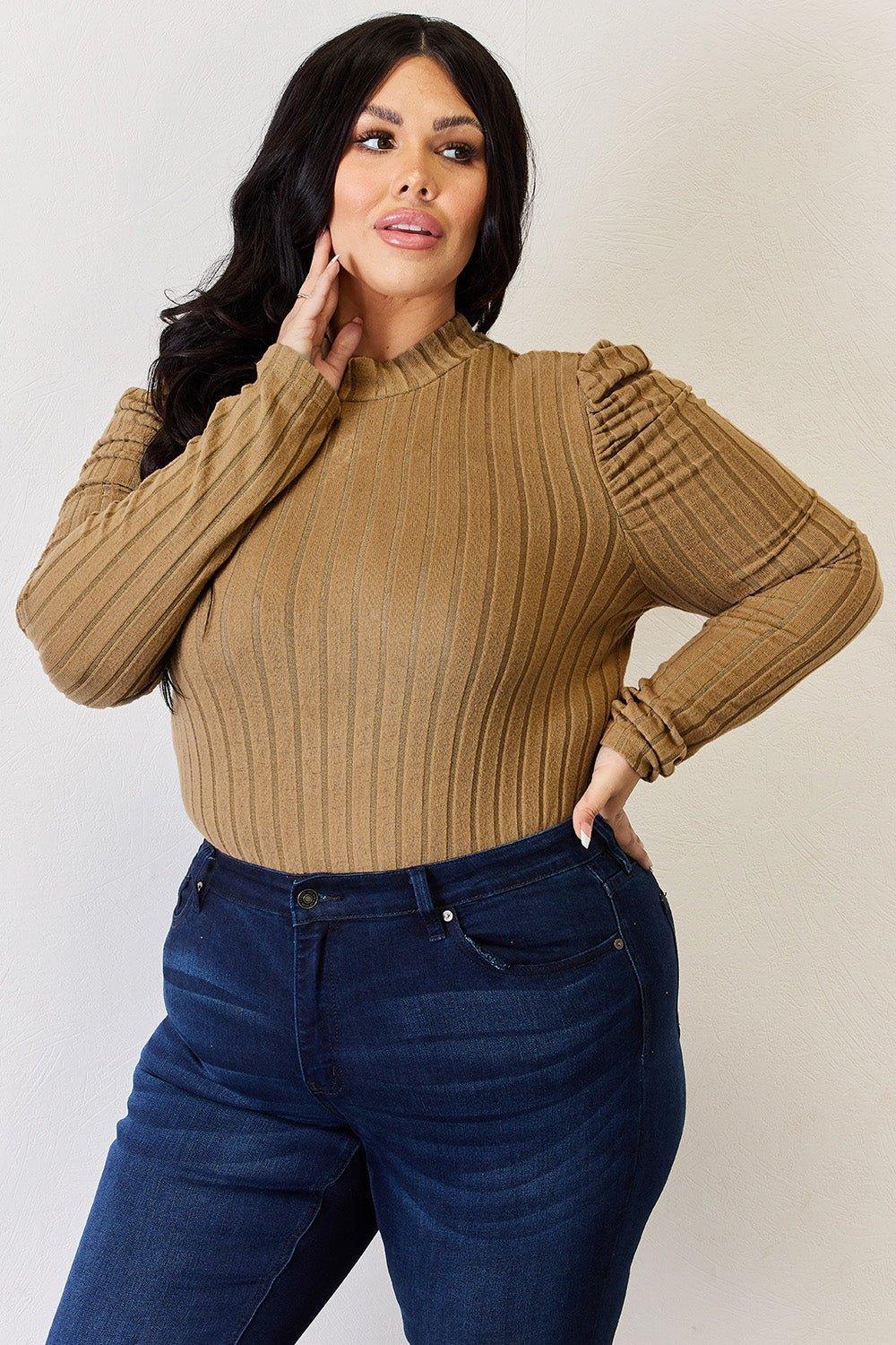 Basic Bae Full Size Ribbed Mock Neck Puff Sleeve T - Shirt - Admiresty