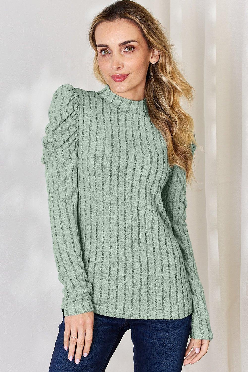 Basic Bae Full Size Ribbed Mock Neck Puff Sleeve T - Shirt - Admiresty