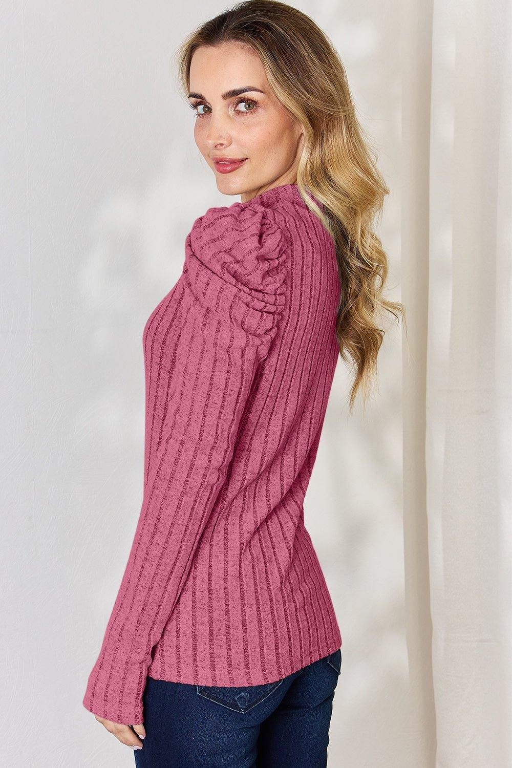 Basic Bae Full Size Ribbed Mock Neck Puff Sleeve T - Shirt - Admiresty