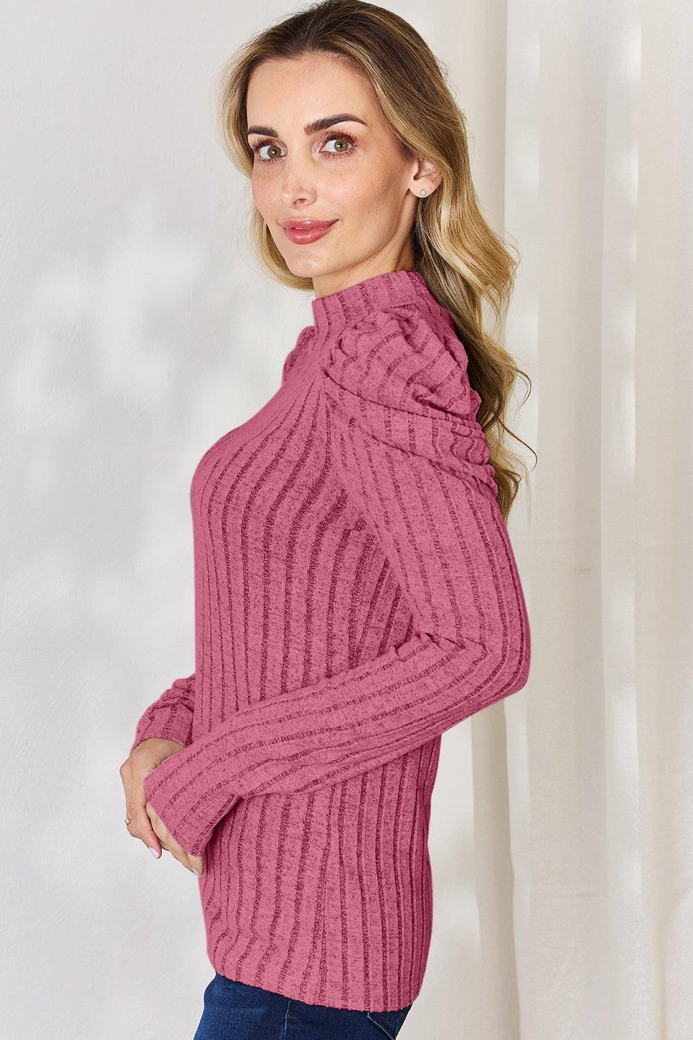Basic Bae Full Size Ribbed Mock Neck Puff Sleeve T - Shirt - Admiresty