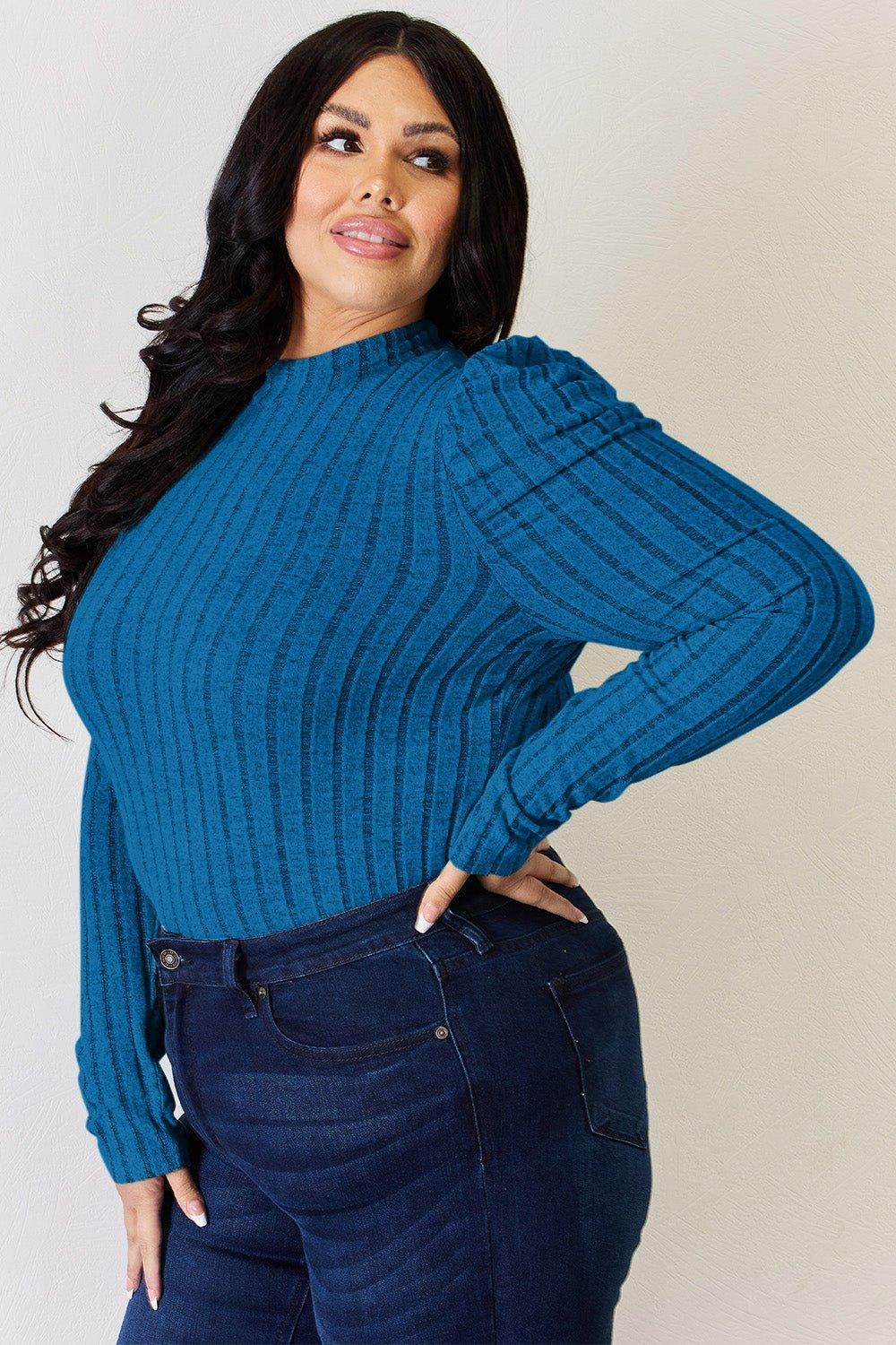 Basic Bae Full Size Ribbed Mock Neck Puff Sleeve T - Shirt - Admiresty