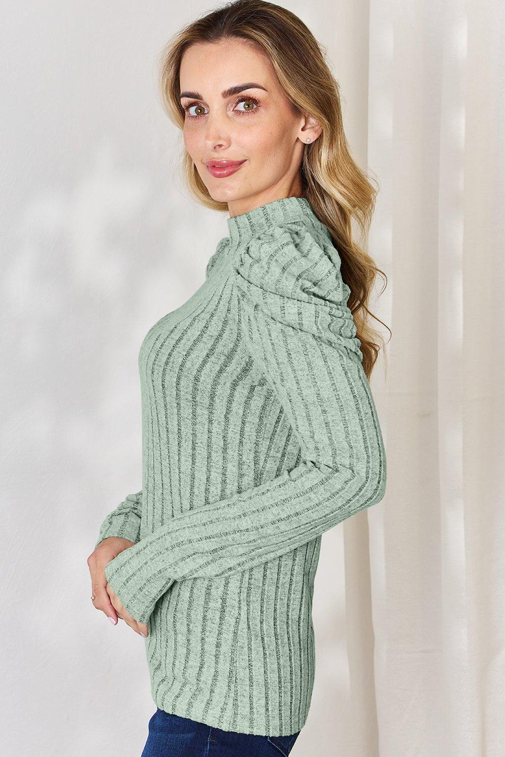 Basic Bae Full Size Ribbed Mock Neck Puff Sleeve T - Shirt - Admiresty