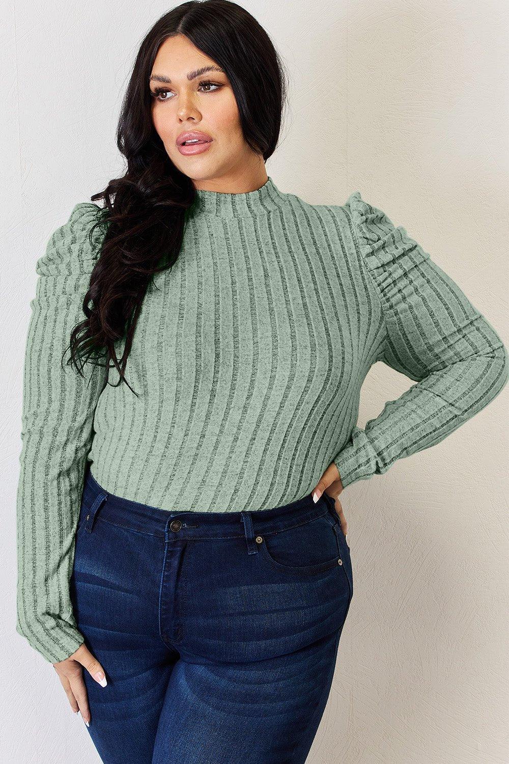 Basic Bae Full Size Ribbed Mock Neck Puff Sleeve T - Shirt - Admiresty