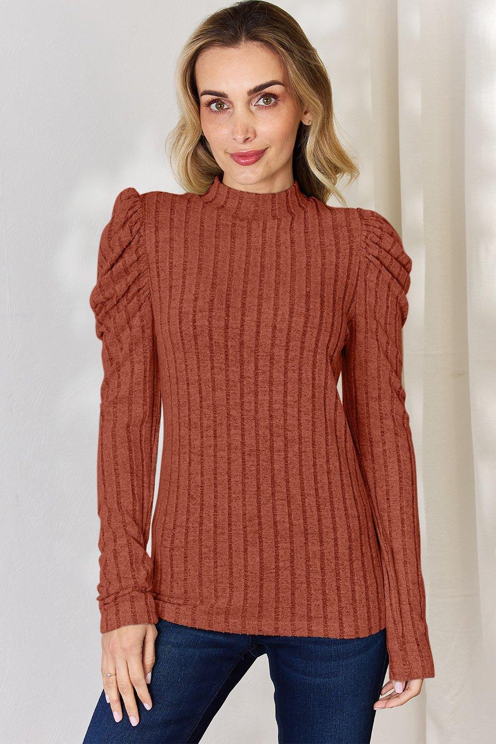 Basic Bae Full Size Ribbed Mock Neck Puff Sleeve T - Shirt - Admiresty