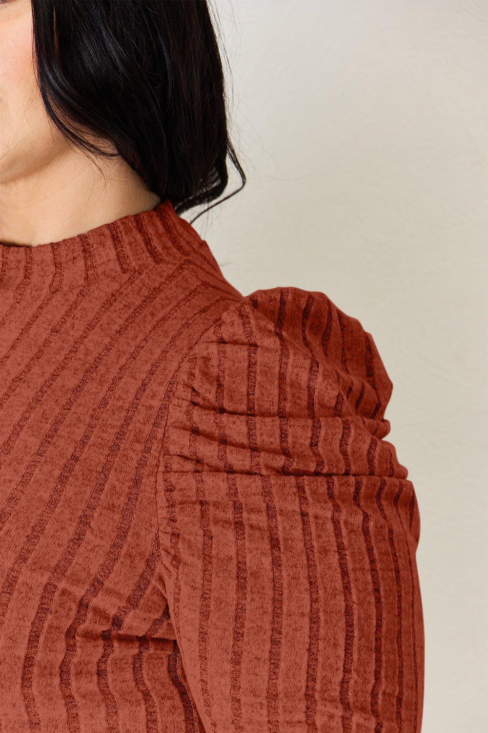 Basic Bae Full Size Ribbed Mock Neck Puff Sleeve T - Shirt - Admiresty