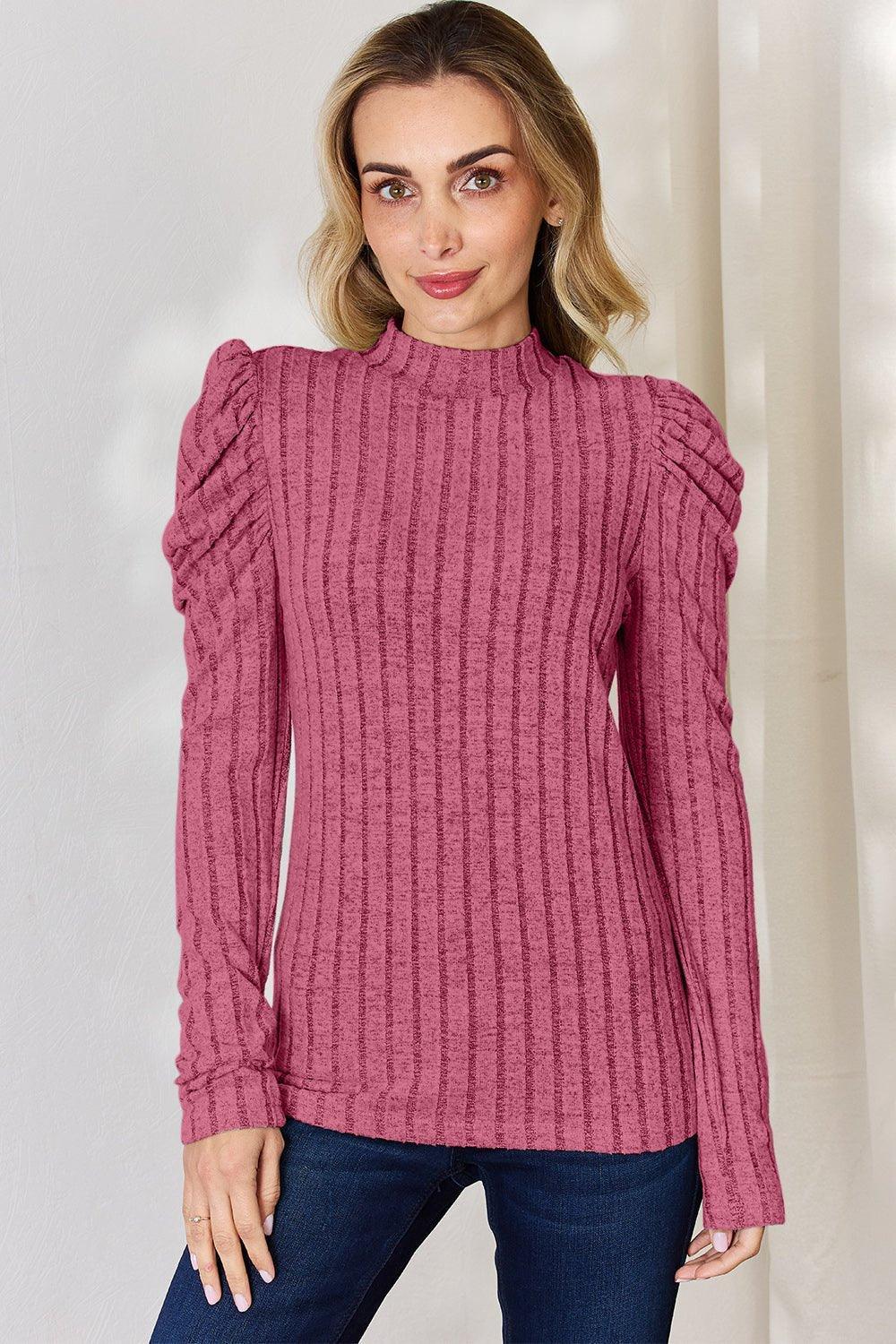 Basic Bae Full Size Ribbed Mock Neck Puff Sleeve T - Shirt - Admiresty