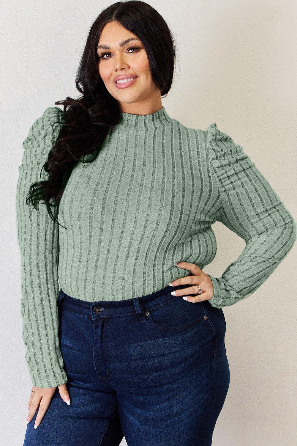 Basic Bae Full Size Ribbed Mock Neck Puff Sleeve T - Shirt - Admiresty