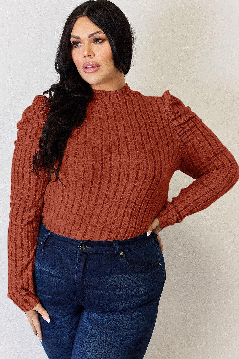 Basic Bae Full Size Ribbed Mock Neck Puff Sleeve T - Shirt - Admiresty