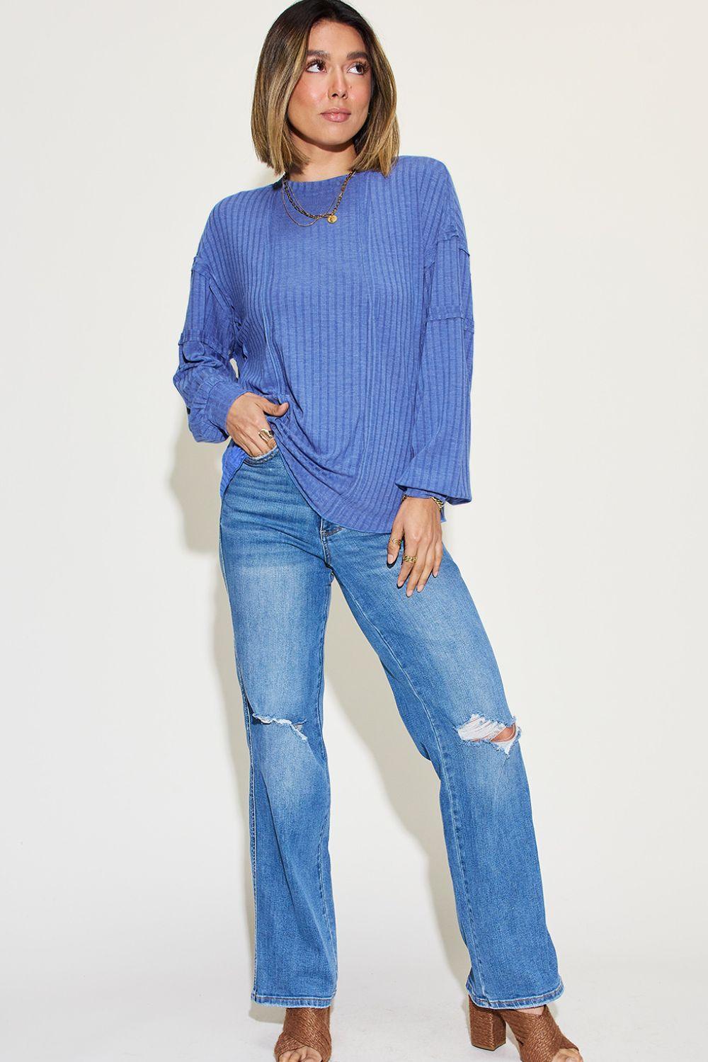Basic Bae Full Size Ribbed Round Neck Long Sleeve T - Shirt - Admiresty