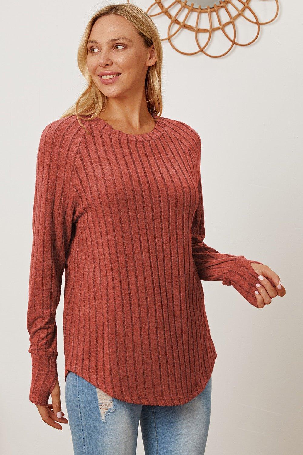 Basic Bae Full Size Ribbed Thumbhole Sleeve T - Shirt - Admiresty