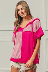 BiBi Color Block Exposed Seam Short Sleeve Hooded Top - Admiresty