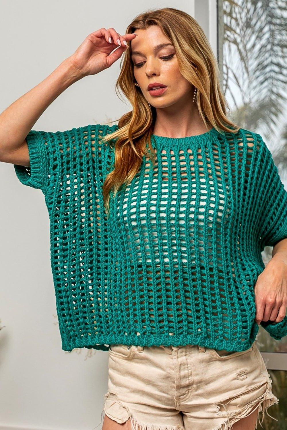 BiBi Hollowed Out Short Sleeve Knit Cover Up - Admiresty