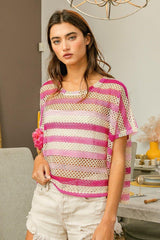 BiBi Striped Openwork Short Sleeve Knit Cover Up - Admiresty