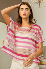 BiBi Striped Openwork Short Sleeve Knit Cover Up - Admiresty