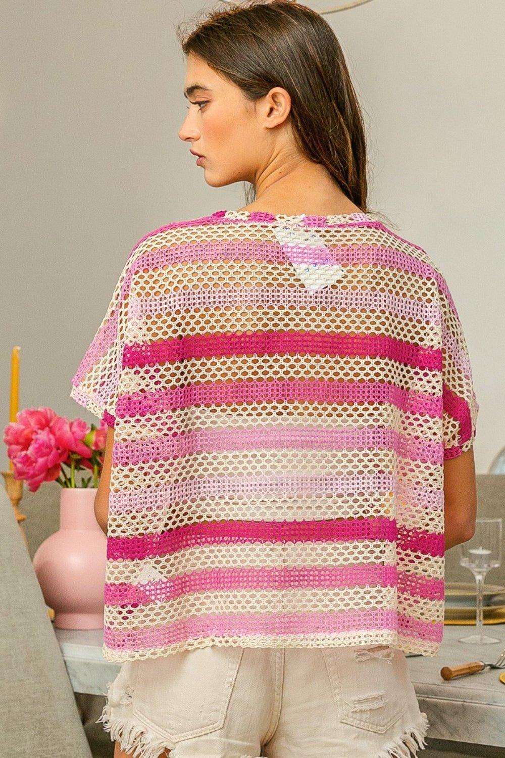 BiBi Striped Openwork Short Sleeve Knit Cover Up - Admiresty