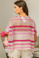 BiBi Striped Openwork Short Sleeve Knit Cover Up - Admiresty