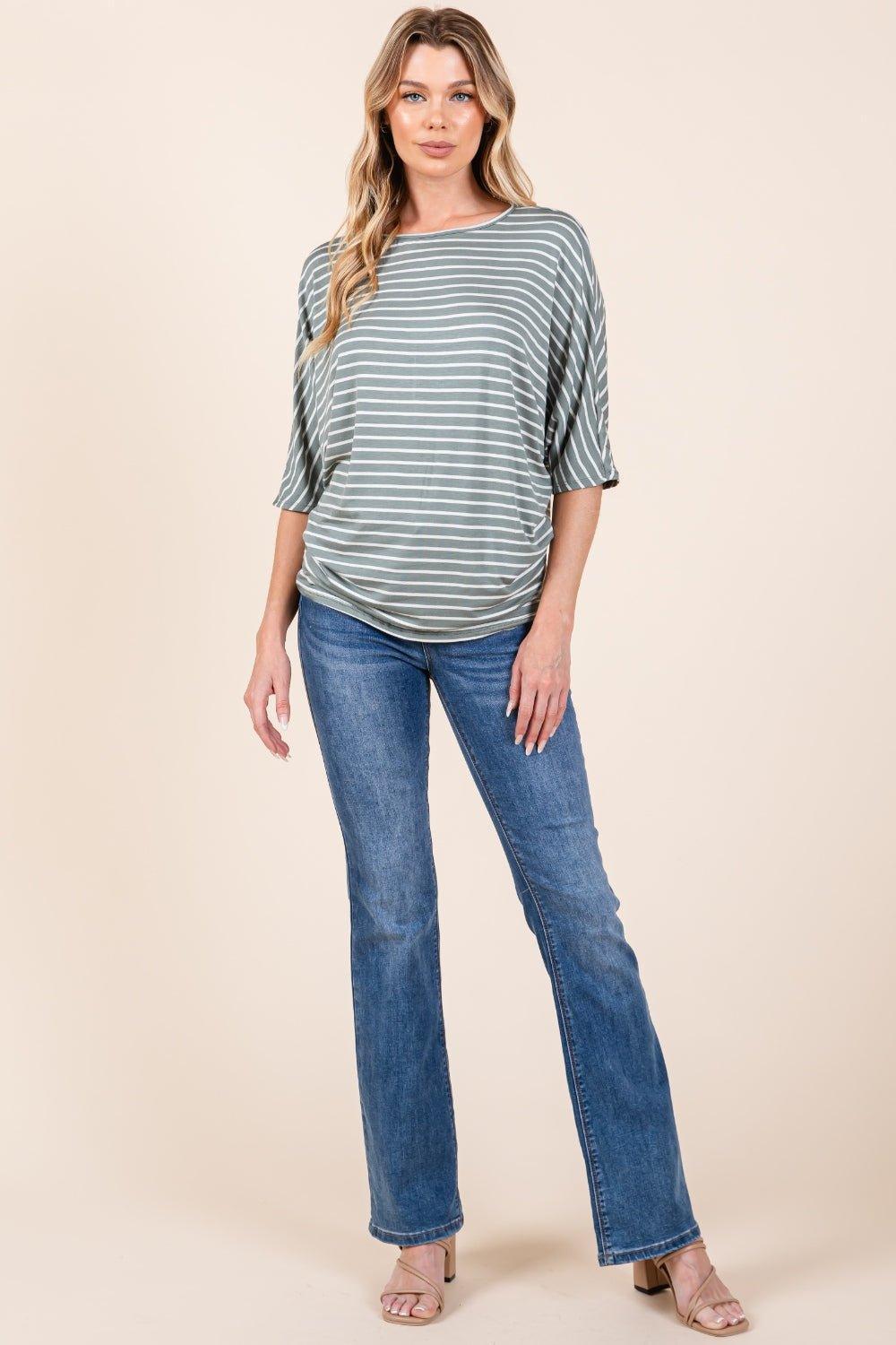 BOMBOM Striped Boat Neck Dolman Sleeve Top - Admiresty