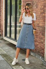 Button Front A - Line Denim Skirt - Admiresty