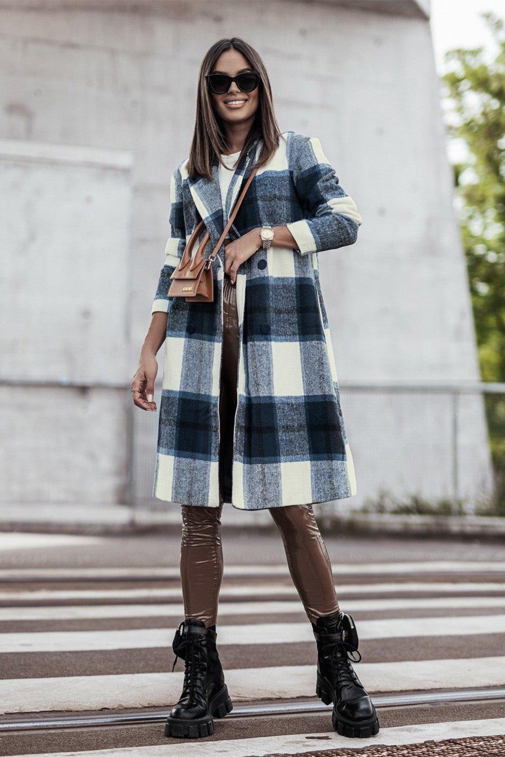 Double Take Full Size Plaid Button Up Lapel Collar Coat - Admiresty
