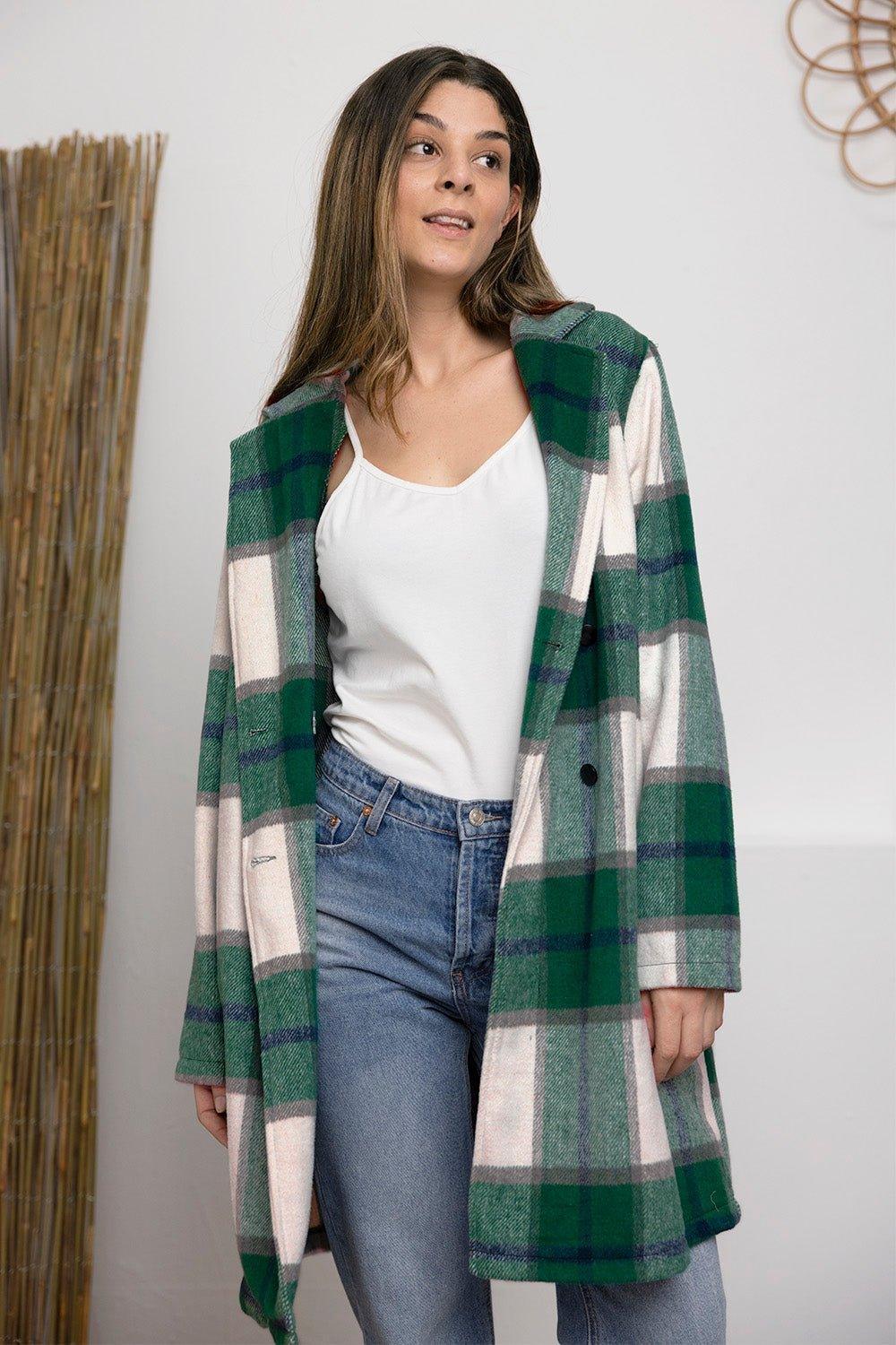 Double Take Full Size Plaid Button Up Lapel Collar Coat - Admiresty