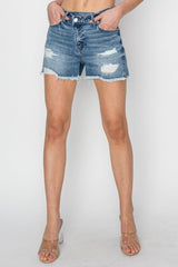 RISEN Stepped Waist Frayed Denim Shorts